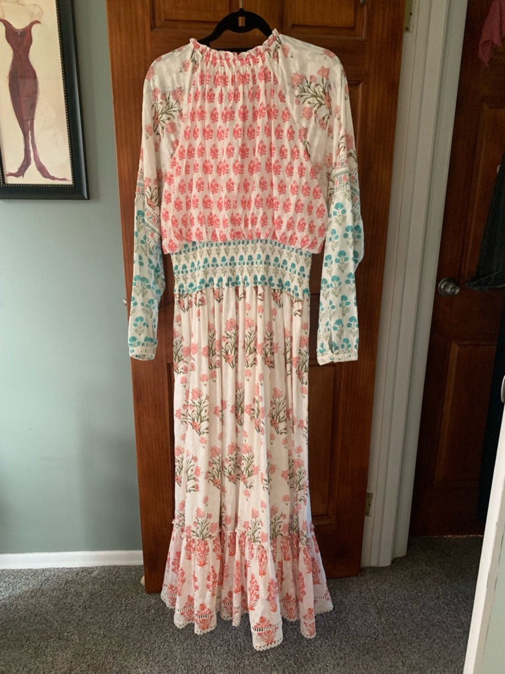 HEMANT & NANDITA Coral and Teal Floral Maxi Dress - Picture 2 of 6